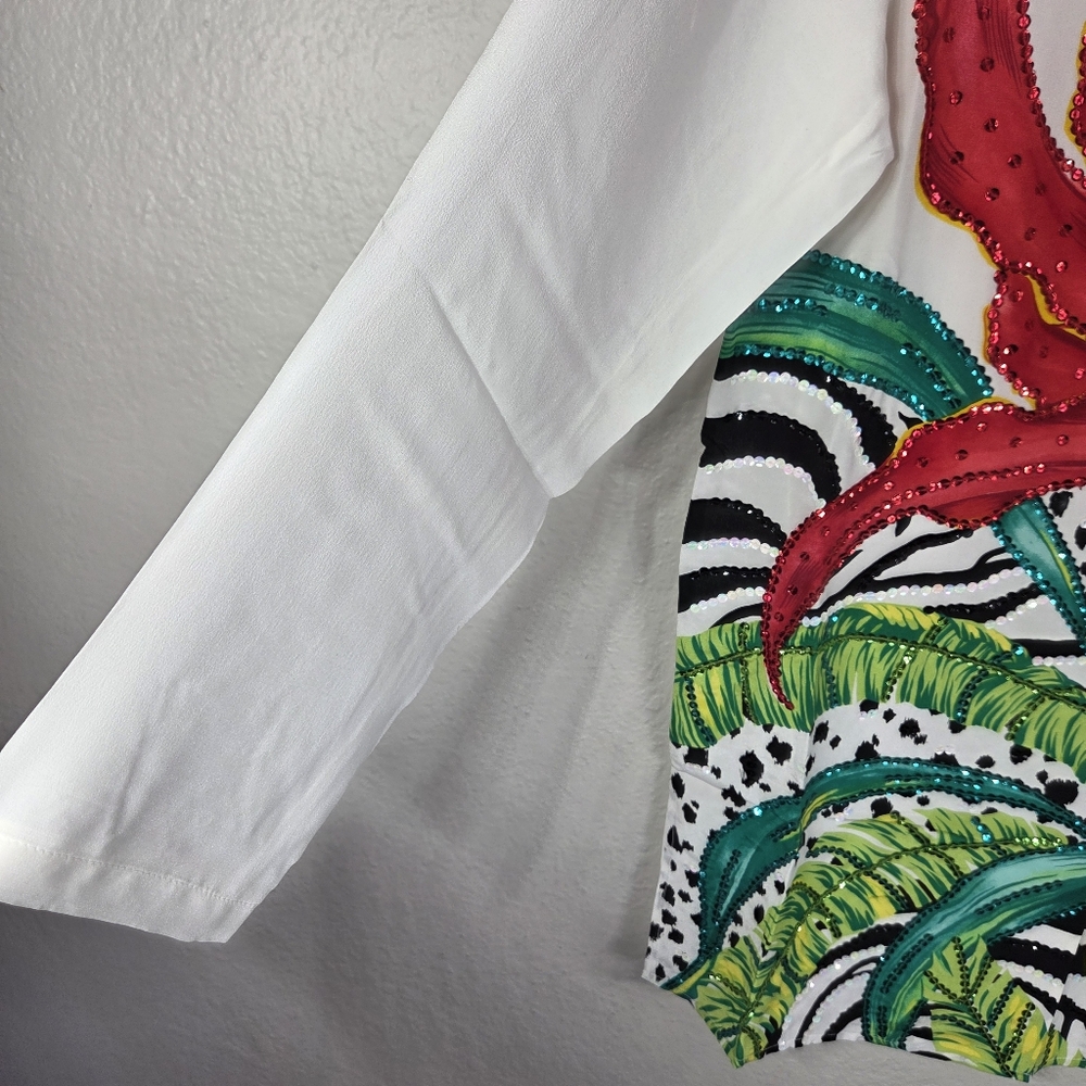 Diane Gilman Silk Beaded Vintage Size M ButtonUp Floral Tunic Blouse White Red - Picture 8 of 16